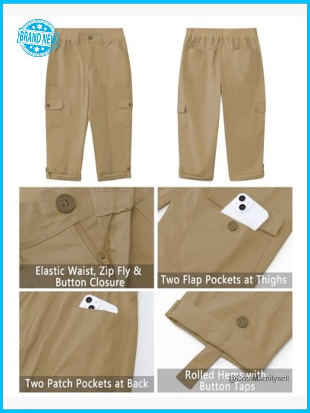 High Waisted Cargo Capri Pants Relaxed Fit Elastic Waist Casual Cropped Trousers - Picture 6 of 7